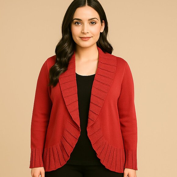 Style & Co. Red cardigan V front with scallop hem bell sleeves Sz L - Picture 1 of 5